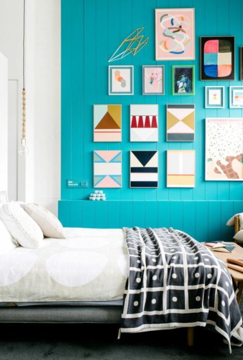 seinän suunnittelu makuuhuoneen seinämaali turkoosi sininen puulattia taide seinämaalaus