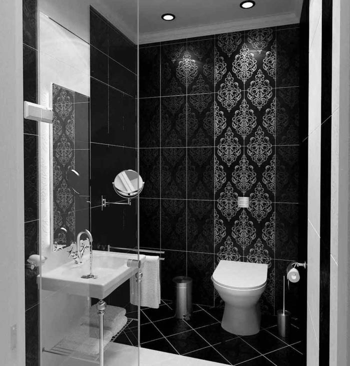 Mustavalkoisen kuvion avulla voit luoda seinäsuunnittelun unohdetun värisen seinän mustavalkoisen kylpyhuoneen avulla