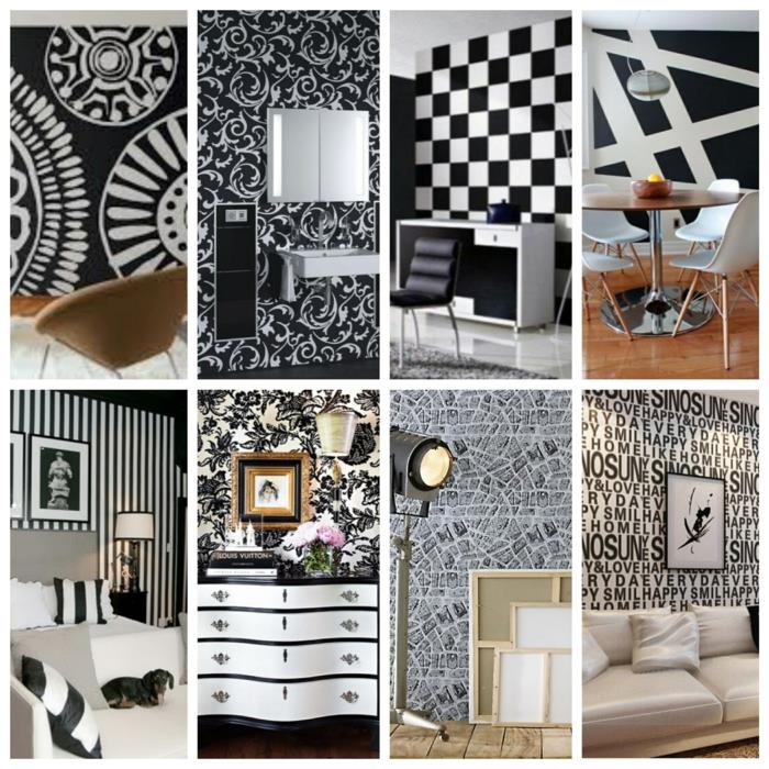 Kuvio mustavalkoisena seinämallina ja väriseinäsuunnittelu mustavalkoisena kylpyhuoneen kalusteena