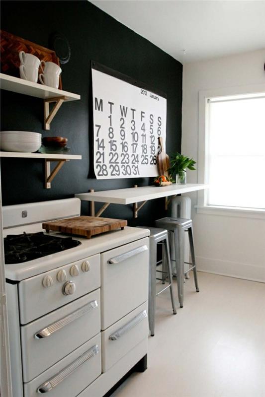 Kuvio mustavalkoisena seinämallina ja väriseinämalli mustavalkoinen keittiö, joka on asetettu valkoiseksi mustaksi