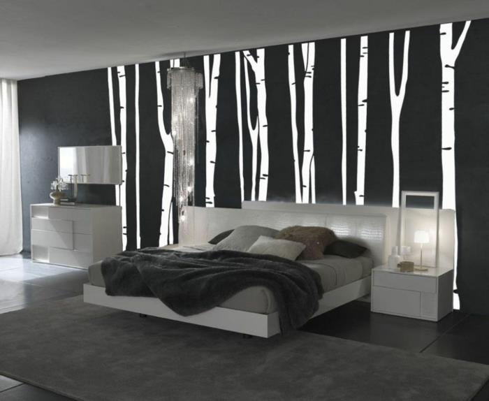 Kuvio mustavalkoinen seinän muotoilu ja väriseinäsuunnittelu mustavalkoinen makuuhuoneen sisustus valkoinen musta koivu