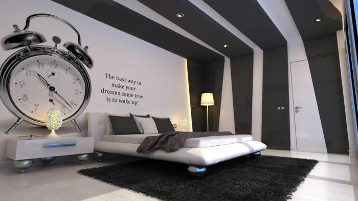 Kuvio mustavalkoisella seinämallilla, jossa on värillisiä esimerkkejä mustavalkoisesta makuuhuoneesta