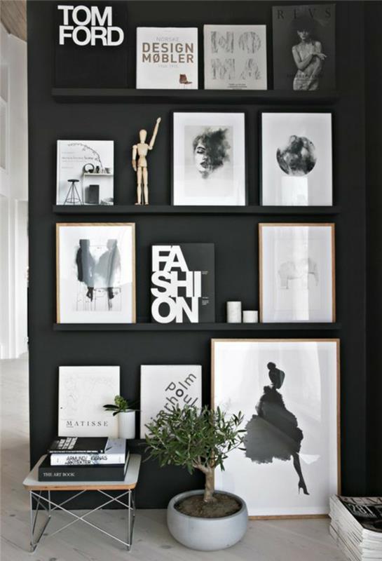 Kuvio mustavalkoisena seinänä, jossa on väriseinä-musta-valkoinen-olohuone-sisustus-aksentti