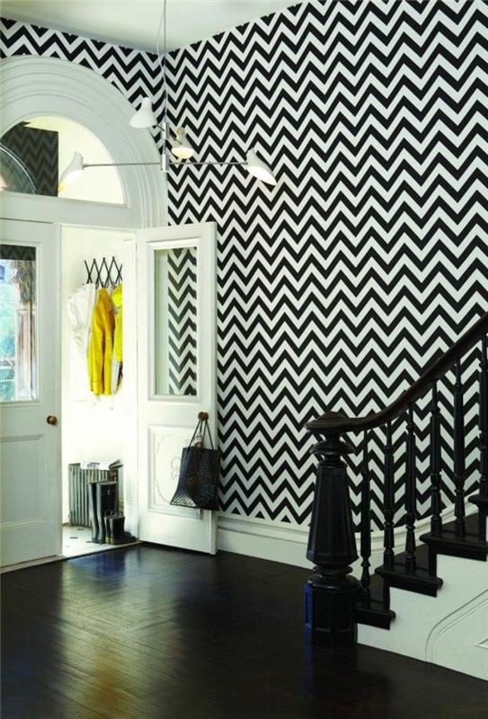 Esimerkkinä mustavalkoinen seinäsuunnittelu ja värilliset sisustusesimerkit musta ja valkoinen olohuoneen sisätilojen eteinen