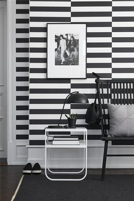 Kuvio mustavalkoinen seinäsuunnittelu ja värilliset sisustusesimerkit mustavalkoiset olohuoneen sisätilojen vaakasuorat raidat