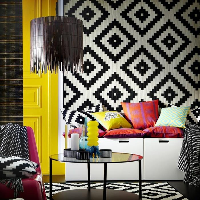 Esimerkkinä mustavalkoinen seinäsuunnittelu ja värilliset sisustusesimerkit mustavalkoinen olohuoneen sisustus ikea -matto