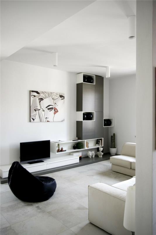 Kuvio mustavalkoisena seinänä, jossa on värikalusteita, mustavalkoinen olohuoneen sisustus moderni