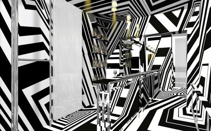 Kuvio mustavalkoisena seinänä, jossa musta ja valkoinen olohuoneen sisustus op art