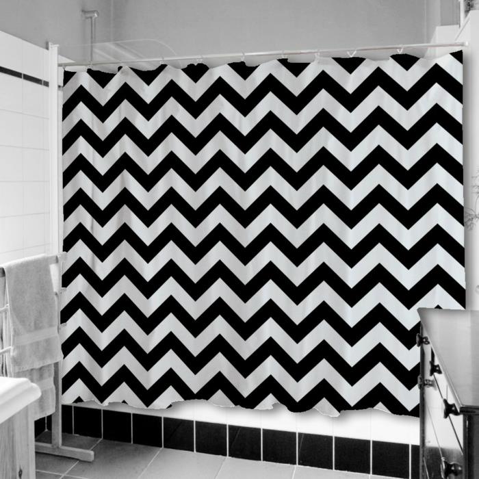 Kuvio mustavalkoisena seinänä, jossa väri musta valkoinen olohuone, jossa on valkoinen musta suihkuverho