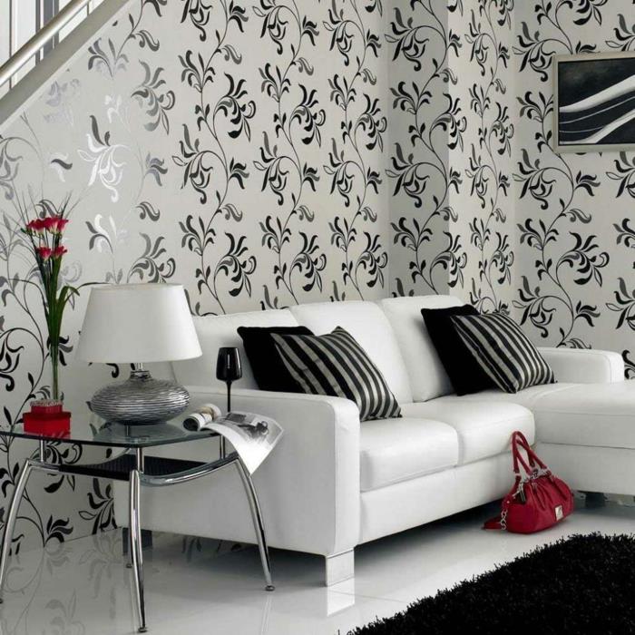 Kuvio mustavalkoinen seinän muotoilu ja väri Sisustusesimerkkejä musta ja valkoinen olohuoneen sisustus valkoinen musta kukka