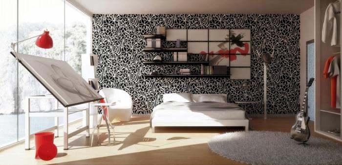 Kuvio mustavalkoisena seinänä, jossa on värillisiä sisustusesimerkkejä mustavalkoinen olohuoneen sisustus valkoinen musta