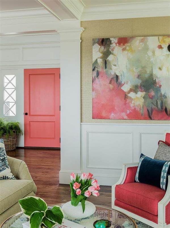 seinä suunnittelu olohuone seinämaalaus verhoiltu nojatuoli ovi lohi punainen väri ideoita