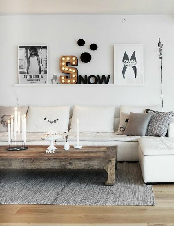 seinän suunnittelu olohuoneen seinähylly puu valkoinen sohva sohvapöytä puu