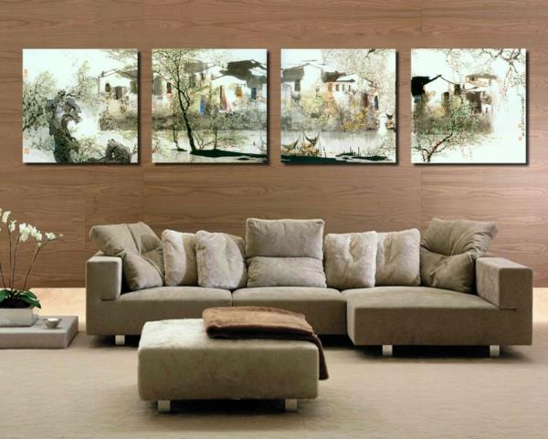 seinän suunnittelu olohuone lämmin puu sohvapöytä