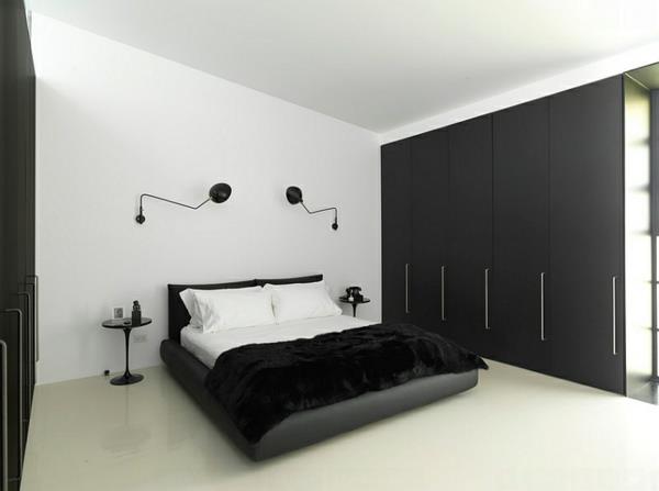 seinävalaisimet futuristinen makuuhuone minimalistinen sisustus musta