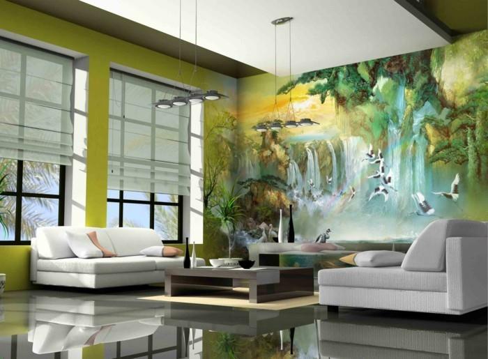 seinämaalaus olohuone sisustaa vihreät seinät valkoiset sohvat
