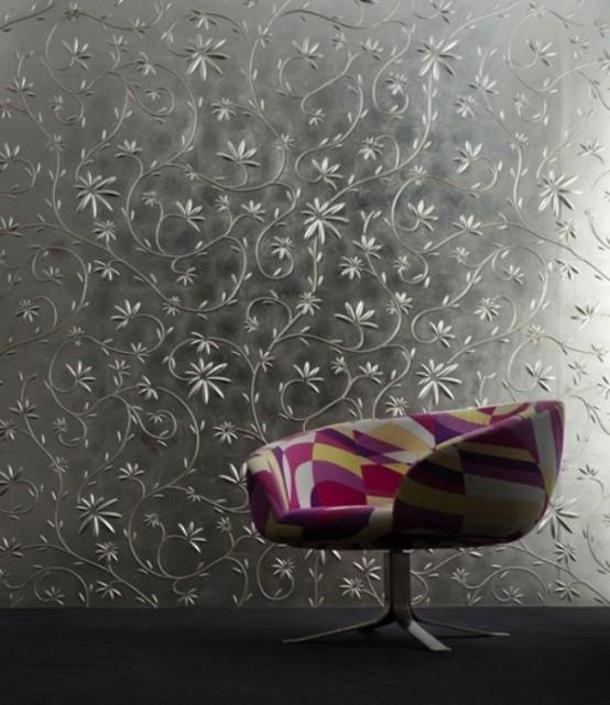 seinäpaneelit - 3D -vaikutus hopeakukkien kuvio värikkäitä nojatuoleja