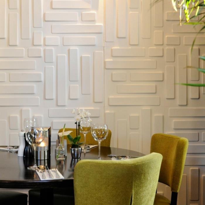 seinäpaneelit ruokasalin seinät pukeutuvat tyylikkäisiin keltaisiin ruokasalin tuoleihin