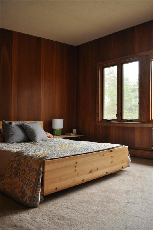 seinäpaneelit puu makuuhuone matto lattia puinen sänky