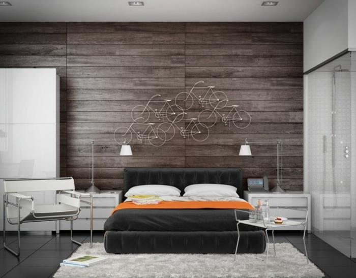 seinäpaneelit puu makuuhuoneen seinäkoriste matto valkoinen vaatekaappi