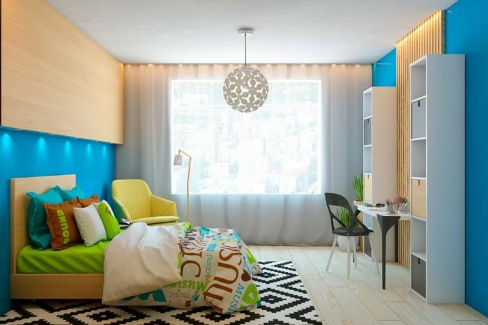 seinäpaneelit suunnittelu lastenhuone värillinen vuodevaatteet matto sininen seinän väri