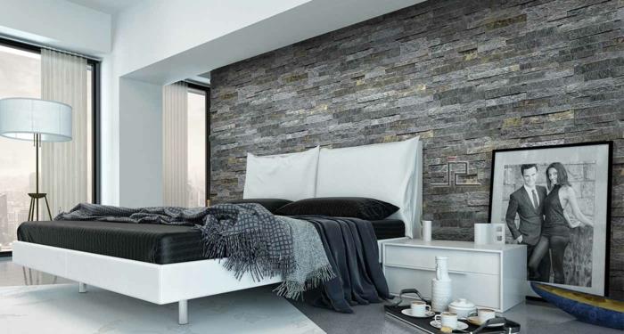 seinäpaneelit kivi näyttää makuuhuoneen pitkät verhot