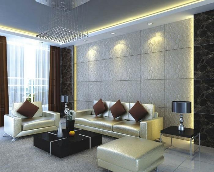 seinäpaneelit kivi näyttää olohuoneen ylelliset huonekalut led -valaistus