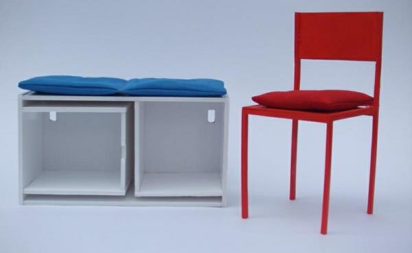 seinähyllyt punainen tuoli sininen istuintyyny
