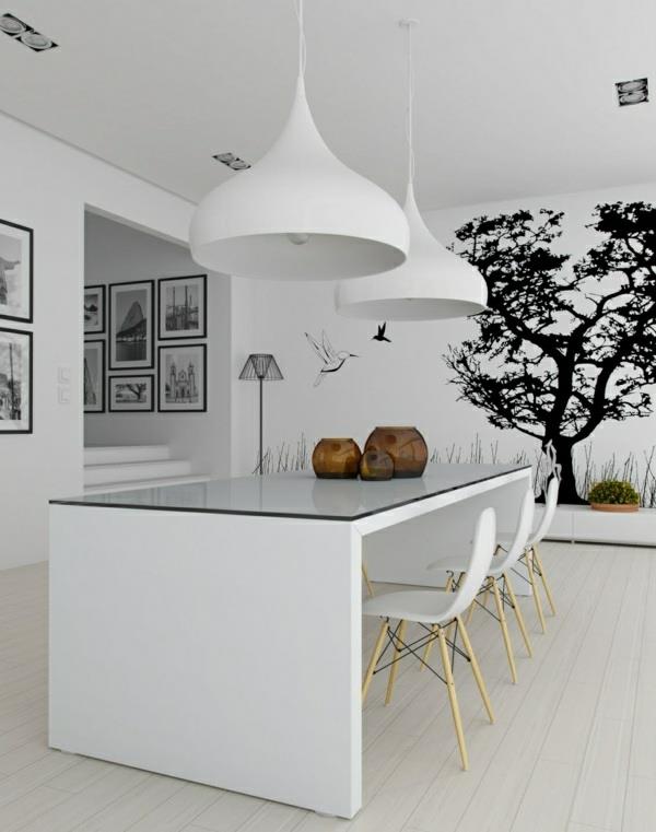 ruokasalin seinän suunnittelu seinätarrat valkoiset riippuvalaisimet