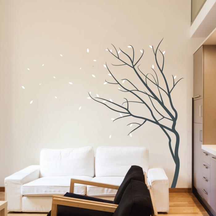 seinätarrat puu koti ideoita olohuone valkoinen sohva beige seinä
