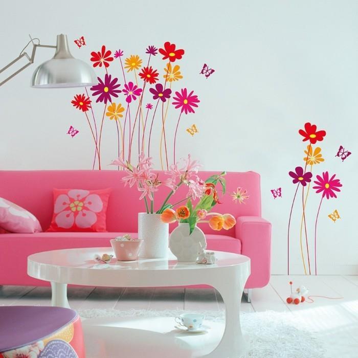 seinätarrat kukat värilliset kukat vaaleanpunainen sohva valkoinen sohvapöytä