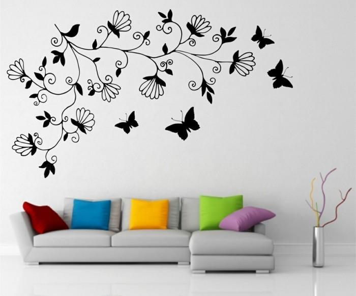 seinätarrat kukat olohuone koristavat värillisiä heitotyynyjä