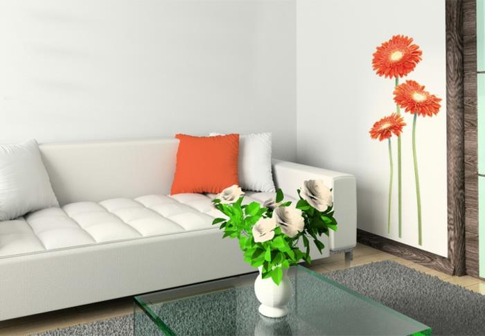 seinätarrat olohuone oranssi gerbera valkoinen sohva