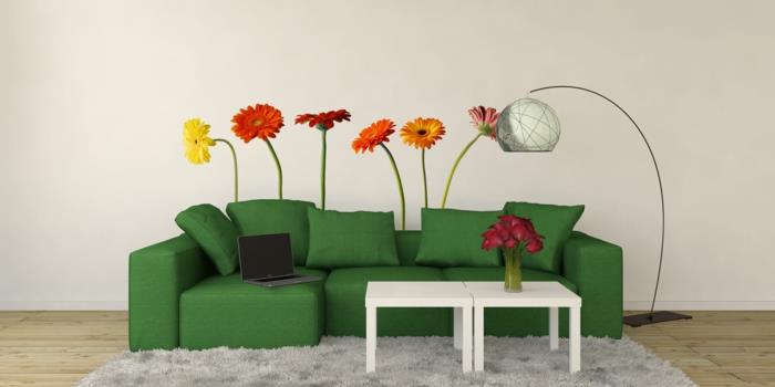 seinätarrat olohuoneen seinät koristavat värillisiä kukkia vihreä sohva