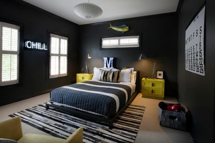 seinän värit ideoita poikien huone matto mustat seinät keltaiset huonekalut