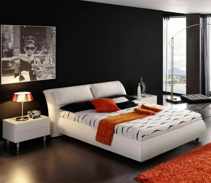 seinän värit ideoita elävät ideat makuuhuone tummat seinät oranssi matto