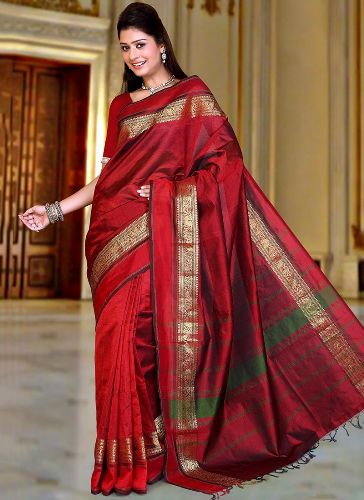 Kanchi Cotton Silk Saree i rødt