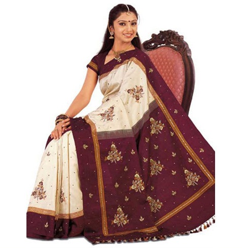 Dark Maroon And White Kanchi Saree