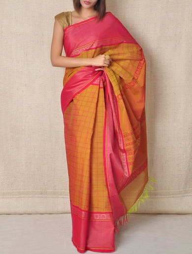 Sennep og Pink Pure Kanchi Cotton Saree