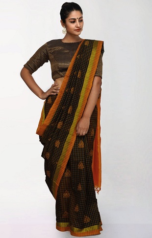 Fekete és narancssárga Kanchi Handloom Saree