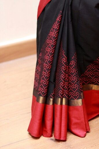 Rød og sort bomuld Kanchi Saree