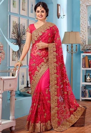 Detaljeret pink saree til bryllup