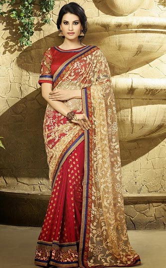 Cream and Maroon Saree