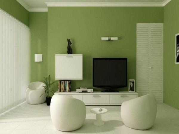 valkoiset huonekalut vihreä seinä