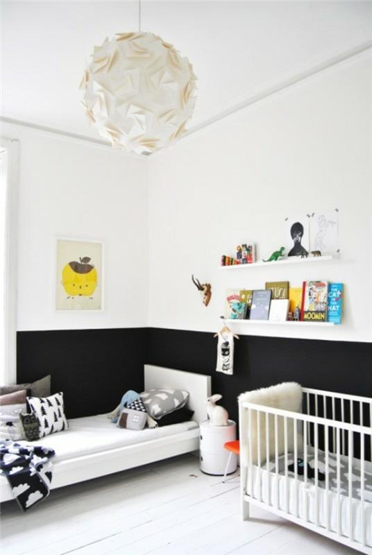 valkoinen seinämaali lastenhuone musta aksentti seinähyllyt