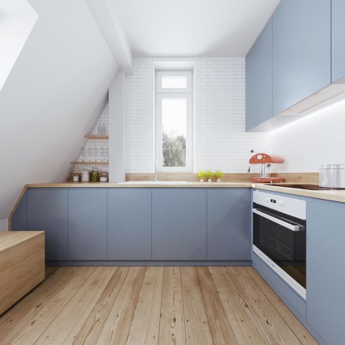 valkoinen seinän väri elävät ideat keittiö sininen keittiökaapit puulattia