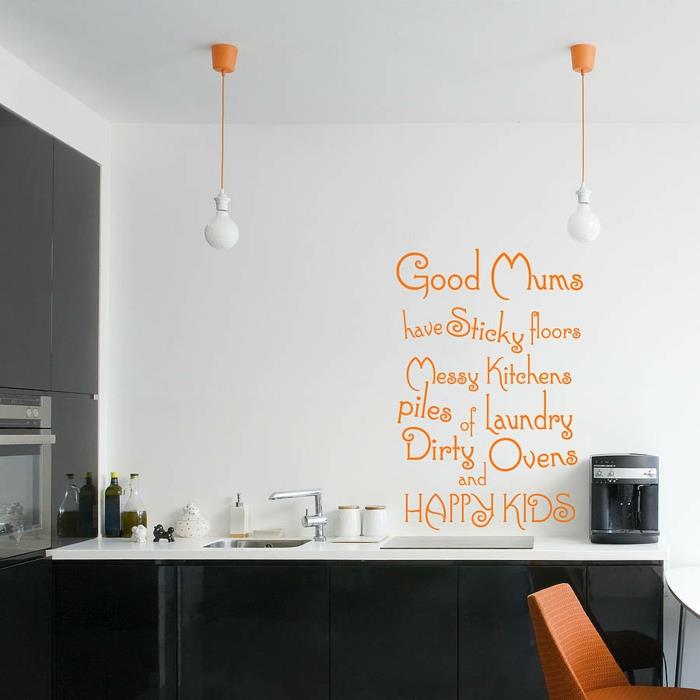 valkoinen seinän väri elävät ideat keittiön seinän sanonnat oranssi aksentti