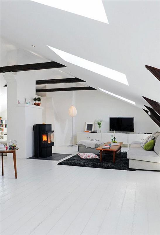 valkoinen seinän väri oloideat olohuone takka musta matto kalteva katto