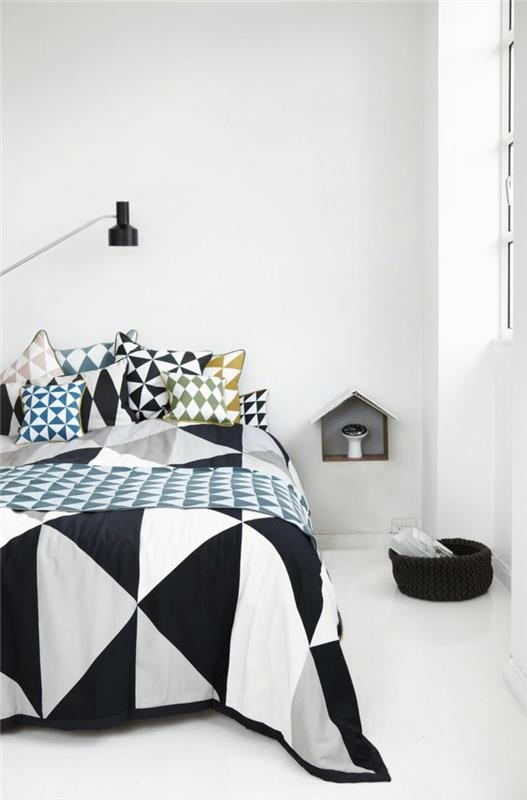 valkoinen makuuhuone geometriset vuodevaatteet valkoinen lattia
