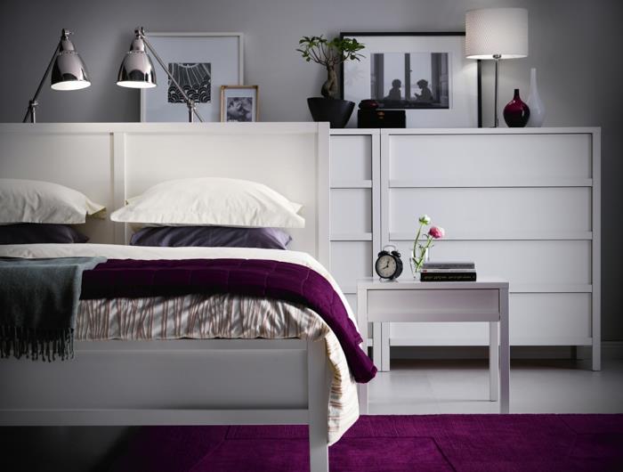 valkoinen makuuhuone violetti matto moderni valaisee vaaleanharmaat seinät